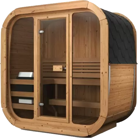 Lahti Mini compact cube sauna, three-quarter view