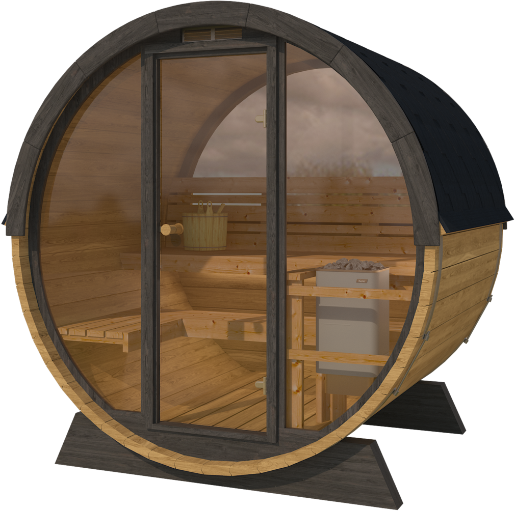 Malmö barrel sauna with glass front and half-moon back