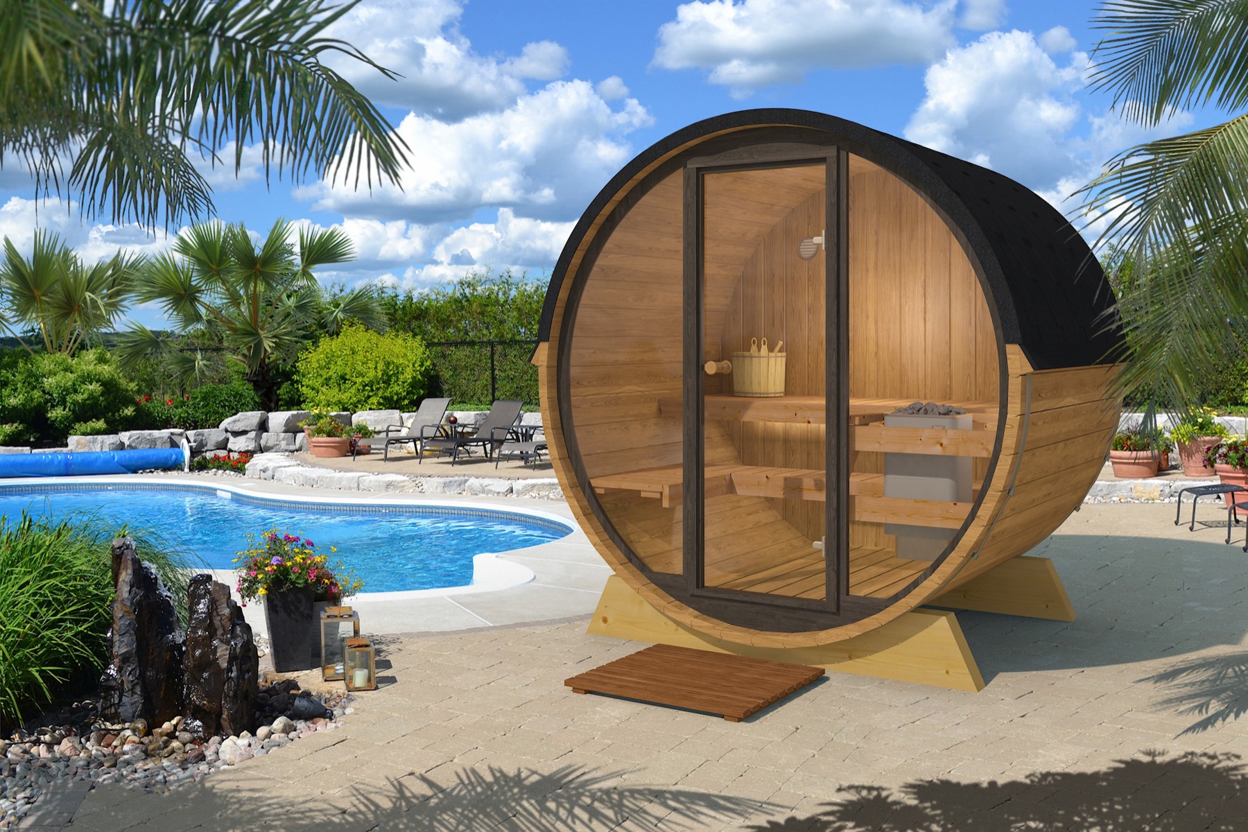 Malmö barrel sauna with full glass front beside a pool