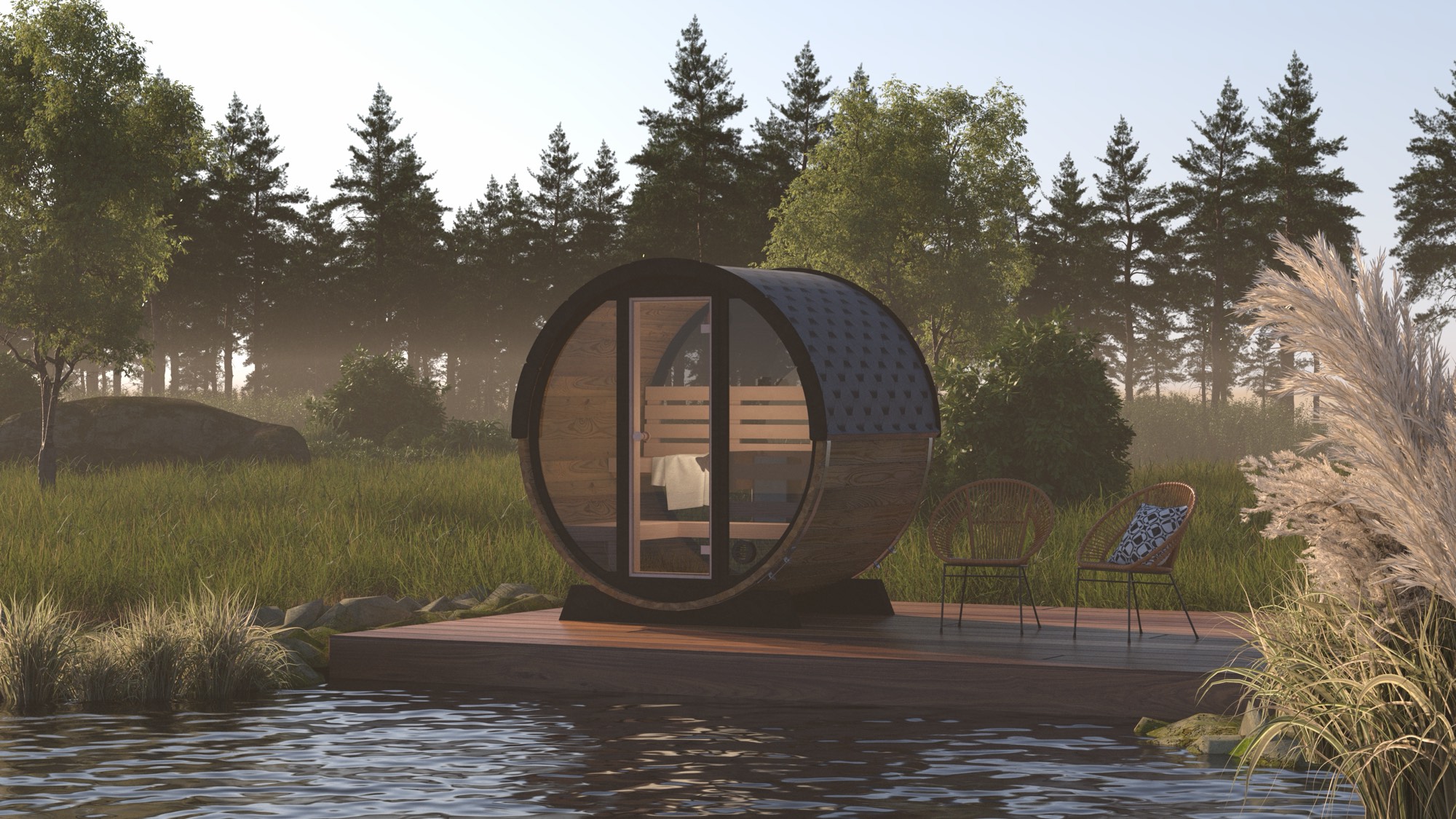 Malmö barrel sauna on a lakeside deck at dusk