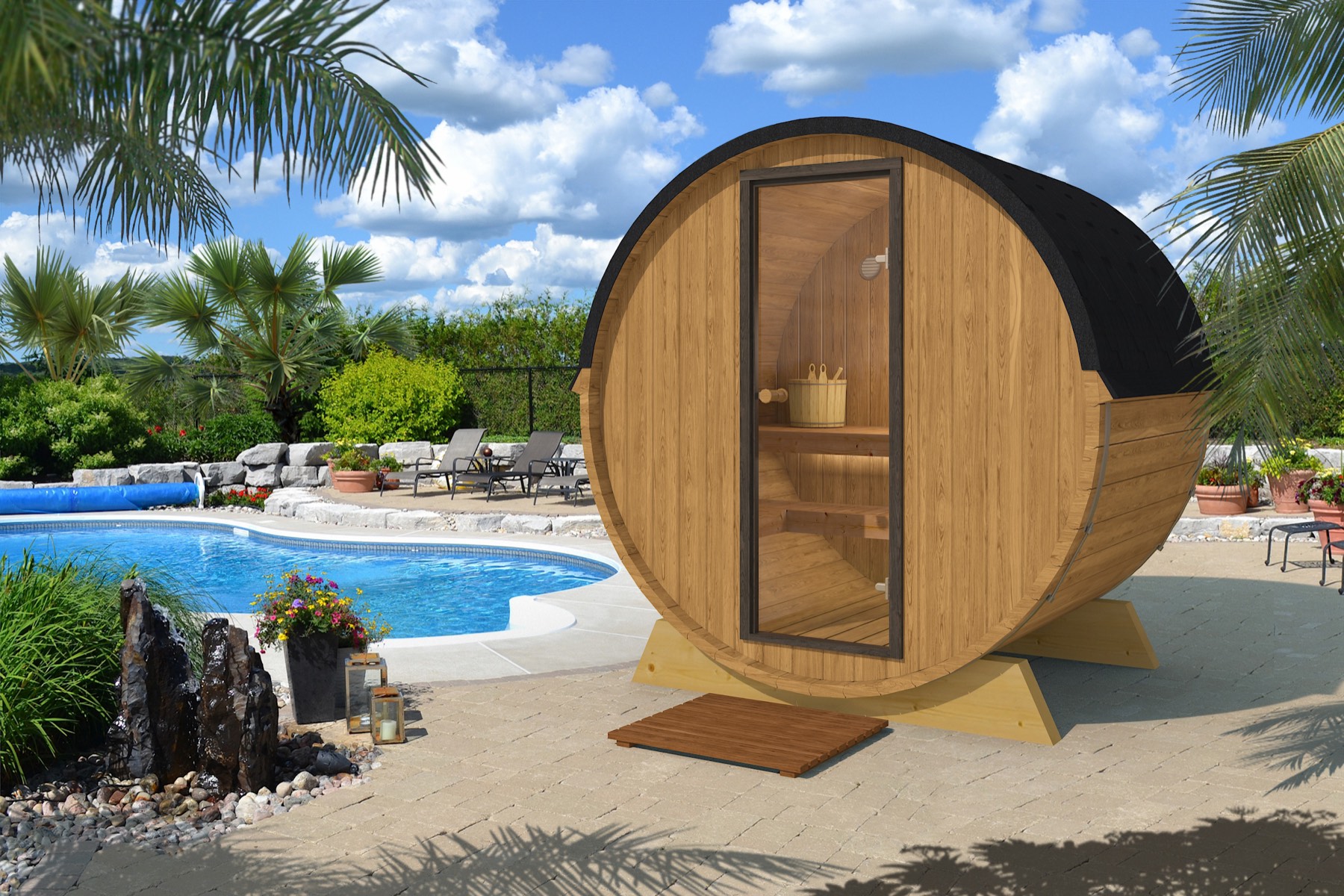 Malmö barrel sauna with traditional wooden front wall