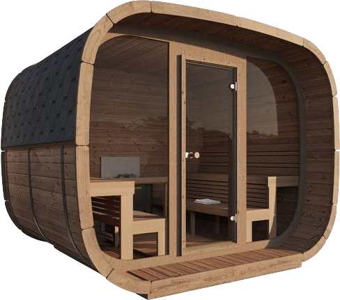 Oslo six-person outdoor sauna, three-quarter view