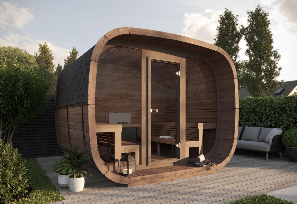 Oslo sauna with glass front on a garden terrace