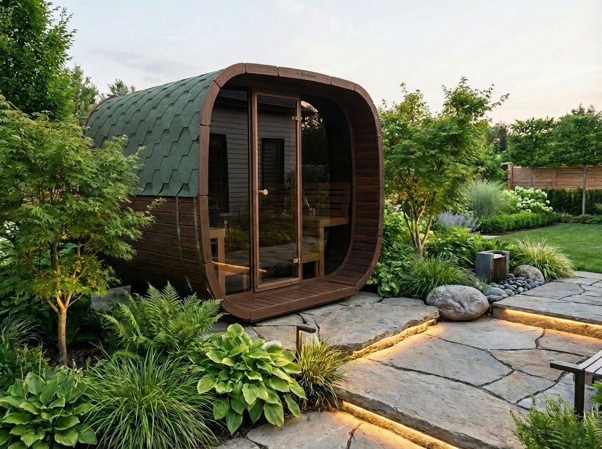 Oslo six-person outdoor sauna set into a landscaped garden