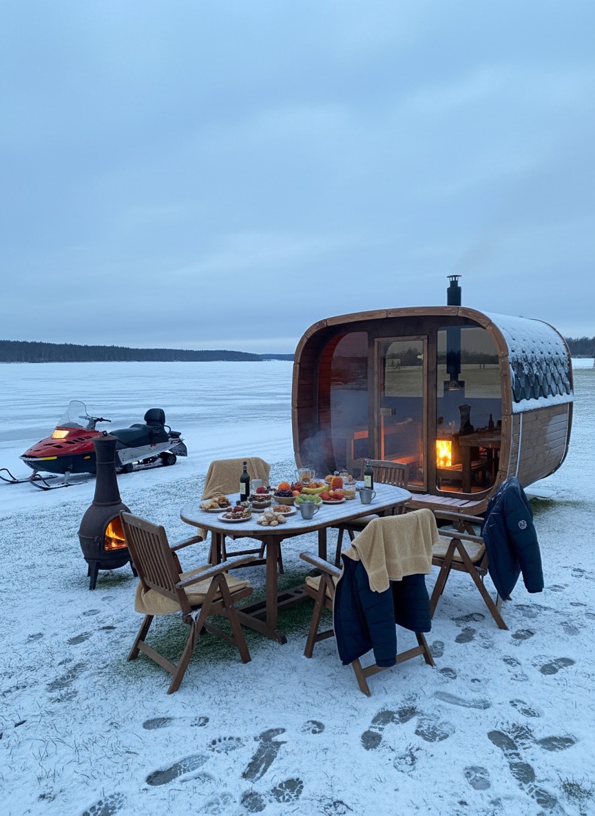 Oslo sauna on a frozen lakeshore with wood-fired stove burning
